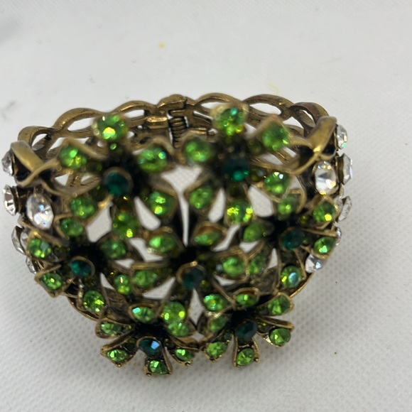 Vintage cuff bracelet wide Green & Clear Rhinestone - Picture 2 of 8